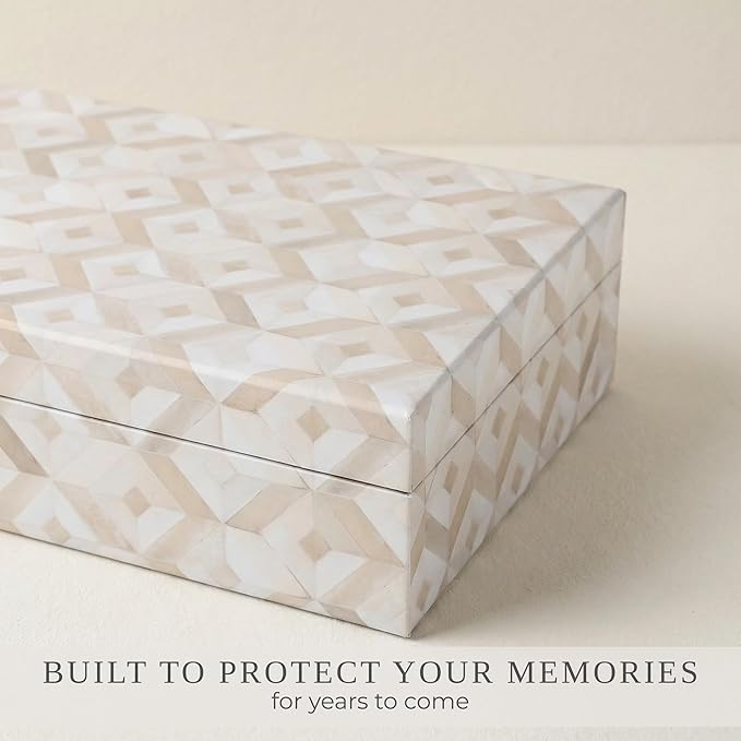 ZICOTO Decorative Storage Boxes with Lids - Set of 2 Beautiful Organizer Bins for Your Bookshelf Home Decor - Safely Store Photos, Documents and Memory Box Keepsakes on Your Shelves in Style