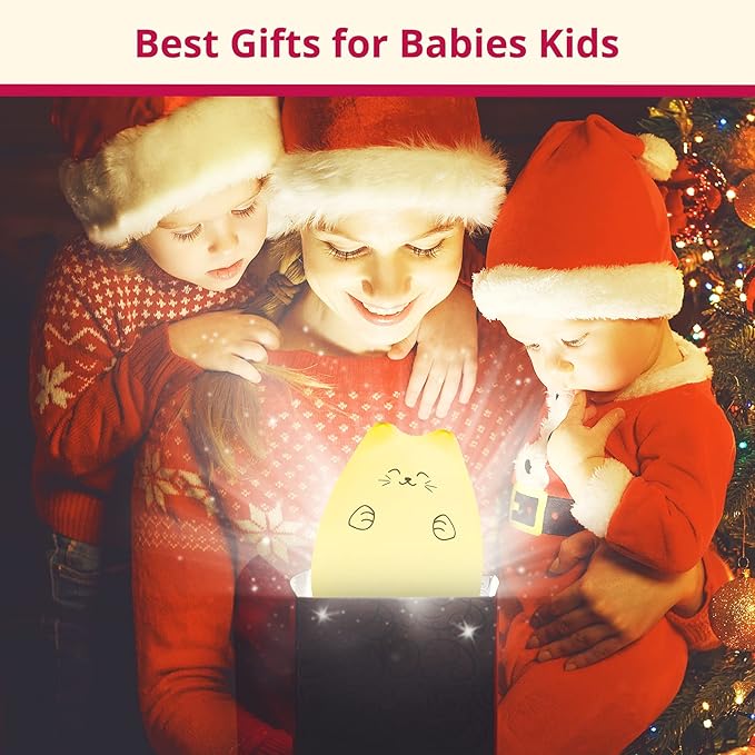 GoLine Cute Night Lights for Kids, Best Christmas Birthday Gifts for 3-12 Year Old Girls Teen, Cat Silicone Baby Night Light for Newborn, Remote and Tap Control
