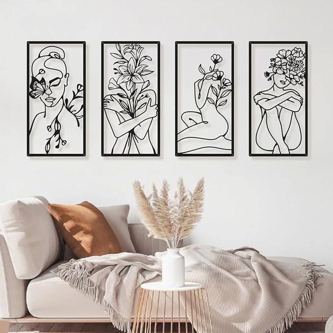 Bakovity Black Metal Wall Art, Abstract Woman Wall Decor, Minimalist Flower Line Decor, Modern Aesthetic Metal Wall Art for Bedroom Bathroom Living Room (4 Pcs, 17 x 9 in)