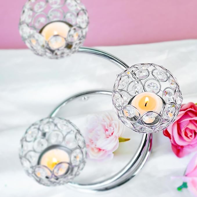 Metal Crystal Candle Holder Set of 3 - Elegant 5-Arm Metal Tea Light Centerpiece with Shining Crystal Bowl, Wedding Anniversary Table Decor for Dining, Party (Silver, 6 Pcs 3 Arm)