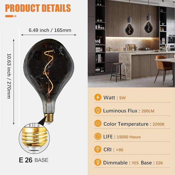 SD LUX Oversized Vintage LED Light Bulbs 5W, Medium Base E26, Giant Edison Bulb Large Decorative Bulb, Huge Edison Light, Dimmable 200LM(15W Equi) Pendant Lighting Warm White 2200K,1 Pack (A165-Smoke)