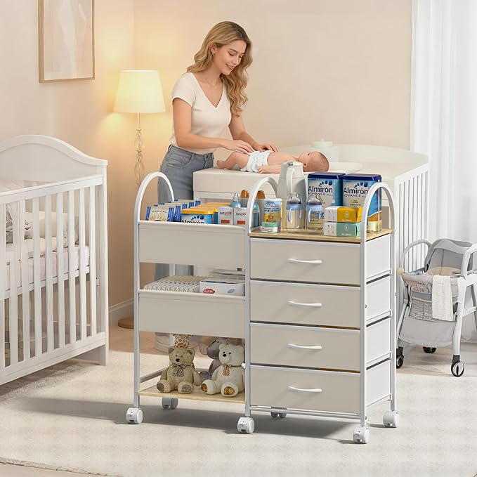 Baby Organizer and Storage Cart, 4-Tier Rolling Utility Cart with Wheels, Dividers and Drawers, Easy to Assemble for Nursery, Bedroom & Changing Table, White