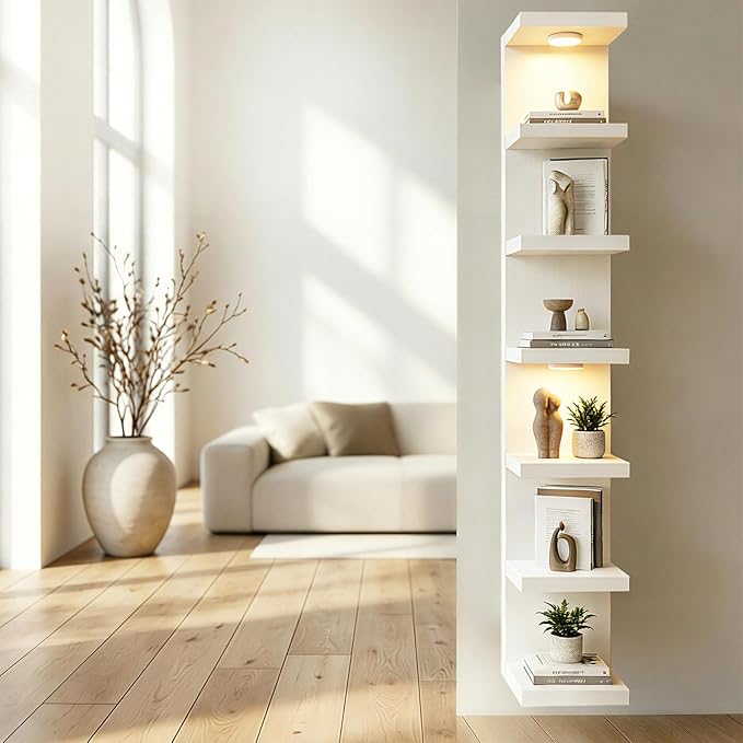 Fixwal Wall Shelf Unit 7 Tier White Wall Mounted Lack Shelf with LED Lights for Home Decor Organizer