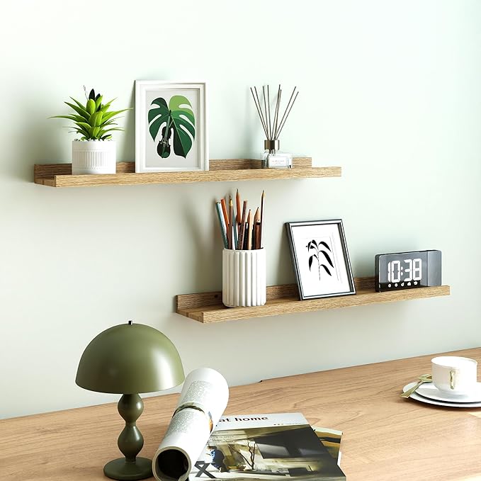 Floating Shelves for Wall Decor, Long Wall Mounted Storage Shelf for Bedroom, Living Room, Bathroom, Kitchen, Nursery, Display Picture Ledge Shelf with Lip Set of 2-24 Inches, Oak