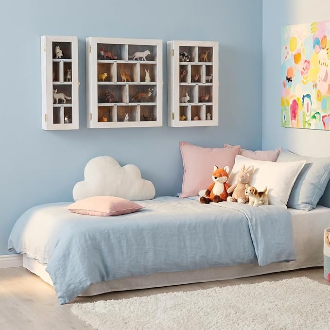 DoubleFill Set of 3 Wooden Trinket Display Shelf Shadow Box with Shelves 10 x 15 Inch Large Wall Mounted Display Storage Mini Figures Curio Trinket Medals Crafts Collections(Antique White,Box Shape)