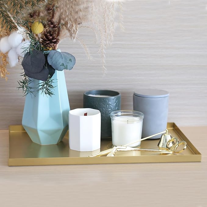 FREELOVE Gold Tray for Bathroom Vanity Brass Decor, Small Candle Holder, Rectangle Soap Dish, Brushed Square Plate, Coffee Table Toilet Back Modern Antique, 10''X15''
