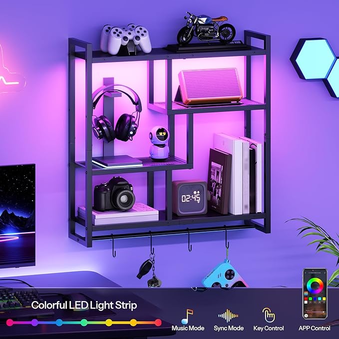 HOOBRO Gaming Floating Shelves with LED Lights, 28.7" LED Wall Mounted Shelf, 4-Tier Floating Wall Shelf for Storage, Display Rack with Hanging Bar and 4 S Hooks, for Gaming Room, Black BB37DBJ01