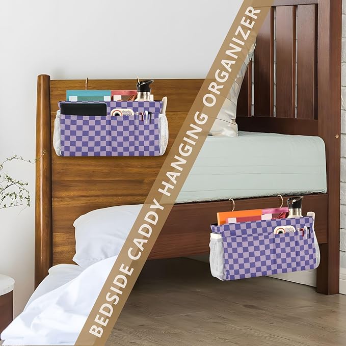 Purple Checkerboard Print Bedside Caddy Storage Bag Bedside Organizer for Bunk Bed Headboards College Organizer Caddy Hanging Shelf 6 Pockets with Hooks for Drinks Magazine Phone Holder