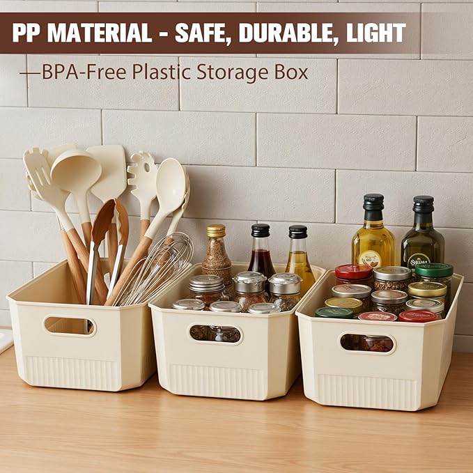ANMINY 8PCS Plastic Storage Bins Containers with Lids, Large Storage Organization Bins Boxes, Lidded Plastic Storage Baskets for Closet Shelves Desktop, Ivory Lids, 1XL + 1L + 2M + 4S