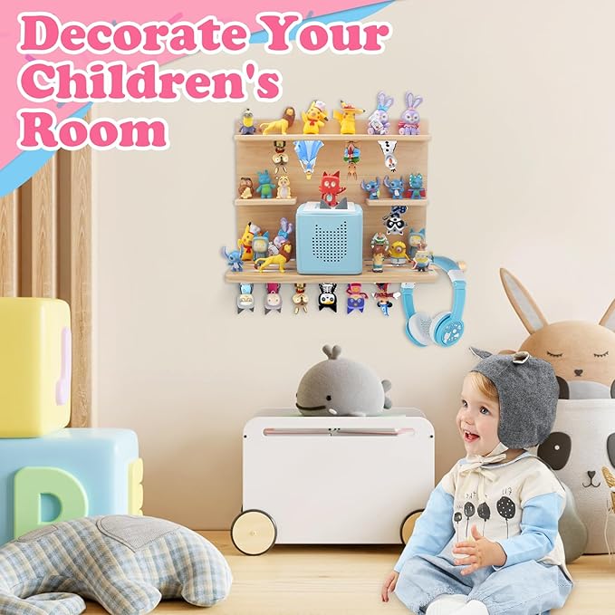 for Tonies Box Storage Shelf Wall Mounted, 3-Tier Magnetic Pine Wood Floating Shelves Organizer for Tonie box1/2 Player, Tonies Figures, Earphones, Display Collection 20~30 Characters
