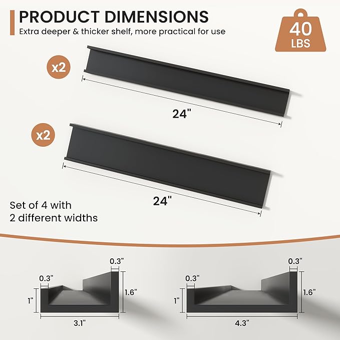 Fun Memories Picture Ledge Shelves Set of 4, 24 Inch Rustic Wall Mounted Floating Shelves with Lip for Home Storage and Décor in Bathroom, Kitchen, Nursery, Bedroom, Living Room, Black
