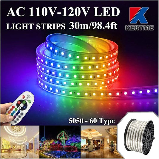 5050-60 Type AC 110-120V RGB LED Strip Lights, Flexible/Waterproof/Dimmable/Multi-Colors/Multi-Modes LED Rope Light + 24 Keys Remote for Home/Garden/Building Decoration (98.4ft/30m, RGB)