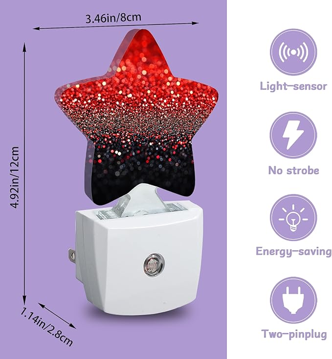 Red Black Night Lights Plug Into Wall,Glitter Sparkling Dusk to Dawn Light Sensor Night Light for Kids,Energy Efficient Sleep Friendly Lamp for Bedroom Bathroom Nursery