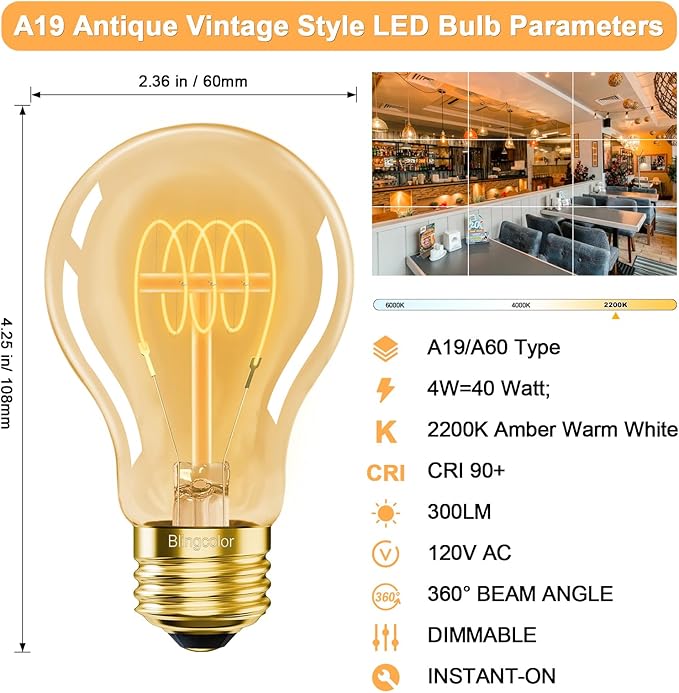 BLINGCOLOR A19 Vintage LED Edison Light Bulbs 40 Watt, 4-Pack Dimmable A19 4W 2200K Amber Warm Light Bulbs, E26 Base, 4W Equal 40 Watt Incandescent Bulbs, Decorative Antique Spiral LED Bulb, 300LM