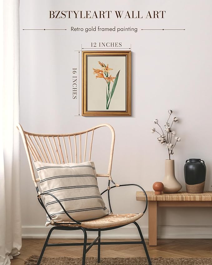 Bzstyleart Vintage Wall Art Decor for Living Room, Gladiolus Yellow Flower Wall Art Botanical, Vintage Floral Botanical Prints, Gold Framed Artwork Room Decor Aesthetic for Bedroom, 12 x 16 Inch