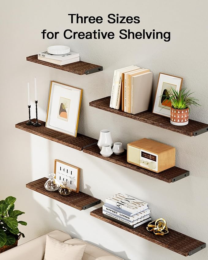 AMADA HOMEFURNISHING Long Wall Shelves, Rustic Farmhouse Style, Wood Floating Shelves for Wall Decor, Bathroom & Bedroom Storage, Living Room Book Shelves, Brown - 6pcs