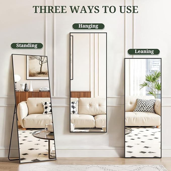 Mirror Full Length 58"x19" Full Body Floor Mirror with Stand, Shatterproof Glass, Aluminum Alloy Frame, Free Standing Wall Mounted or Leaning Rectangle Mirrors for Bedroom Living Room Entryway