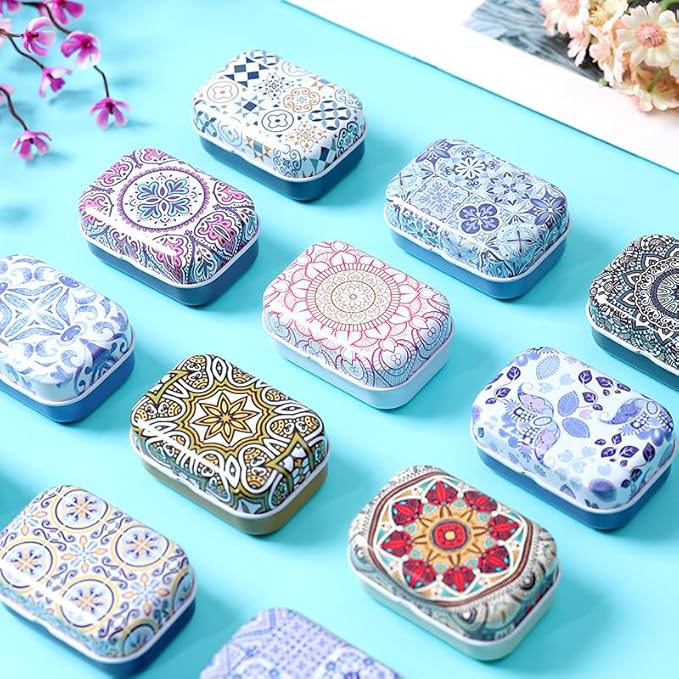 8Pcs Metal Hinged Tin Box Container Floral Farmhouse Rustic Mini Portable Small Storage Container Kit with Lid for Home Storage 2.1x1.5x1 Inch (Multicolor)