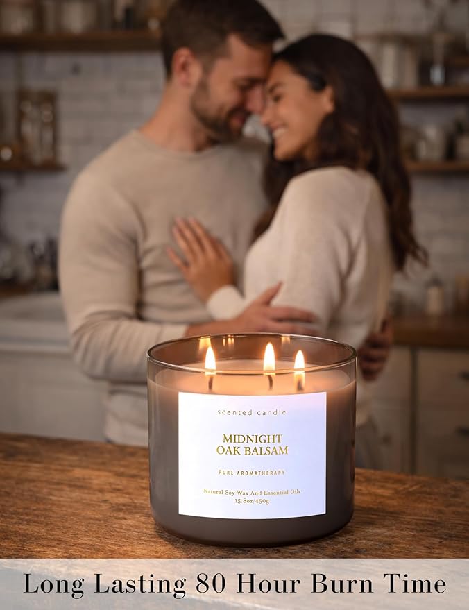 Midnight Oak Balsam 3-Wick Scented Candle | 15.8 oz Large Balsam Cedar Woodsy Soy Wax Candle for Home | Forest Calming Scented Candle | Clean Burning, Long Lasting | Candle Gift for Men & Women