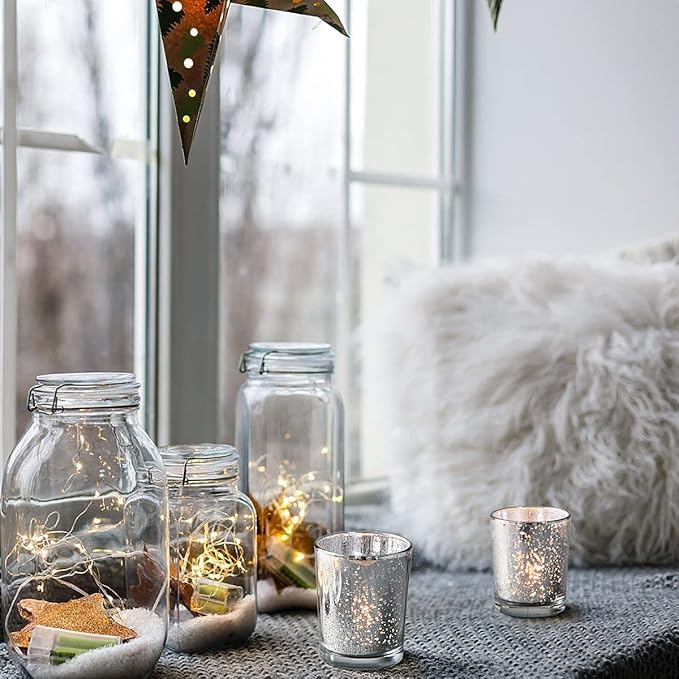 LETINE Silver Votive Candle Holders Set of 36 - Speckled Mercury Silver Glass Candle Holder Bulk - Ideal for Valentine's Day Decorations Indoor，Spring&Summer Wedding Centerpieces，Home Decor