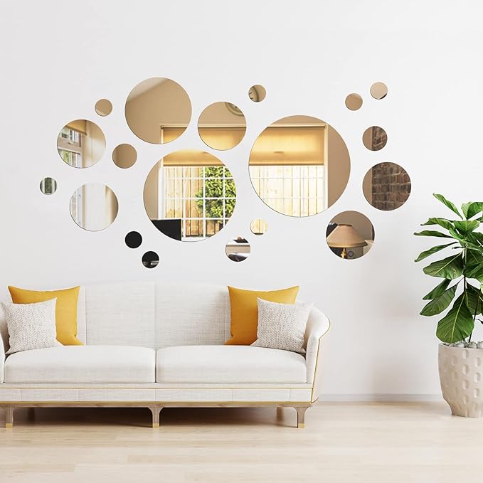 Shappy 32 Pcs Acrylic Mirror Wall Stickers Removable Round Wall Decal Circle Mirror Tiles for Home Bathroom Living Room Bedroom TV Background Decor(Silver,X Large Size)