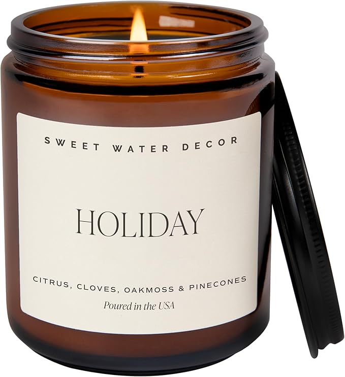 Sweet Water Decor Holiday Candle | Cloves, Pine, and Sandalwood Festive Christmas Scented Soy Candles for Home | 9oz Amber Jar, 40 Hour Burn Time, Made in The USA