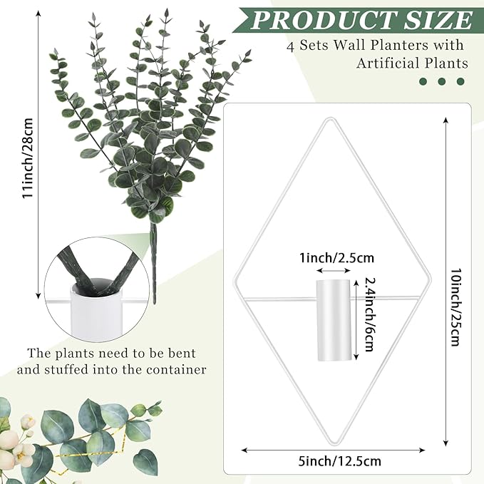 Jexine 4 Pcs Hanging Planters with Artificial Eucalyptus Metal Hanging Vase Indoor Plants Holder Modern Geometric Boho Bathroom Wall Decor for Living Room Home Office (Eucalyptus,White)