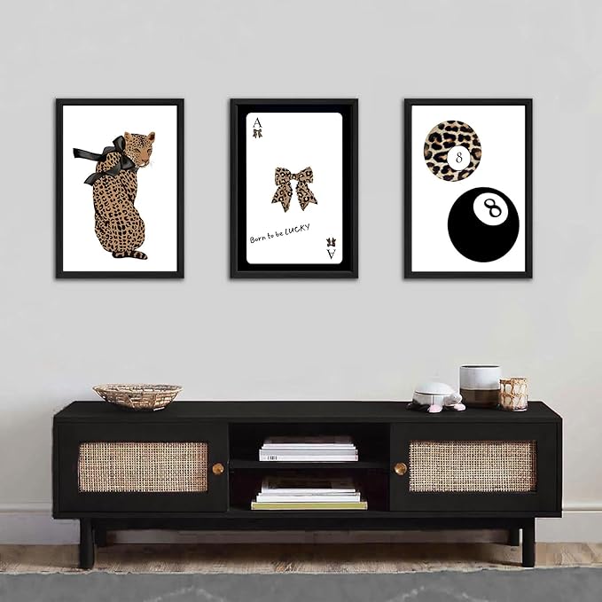 Set of 3 Trendy 8 Ball Leopard Wall Art Ace Card Bow Wall Decor Pictures Funky Born To Be Lucky Posters Prints Preppy Aesthetic Cheetah Room Decor for Girls Bedroom Apartment Dorm Unframed 16x24in