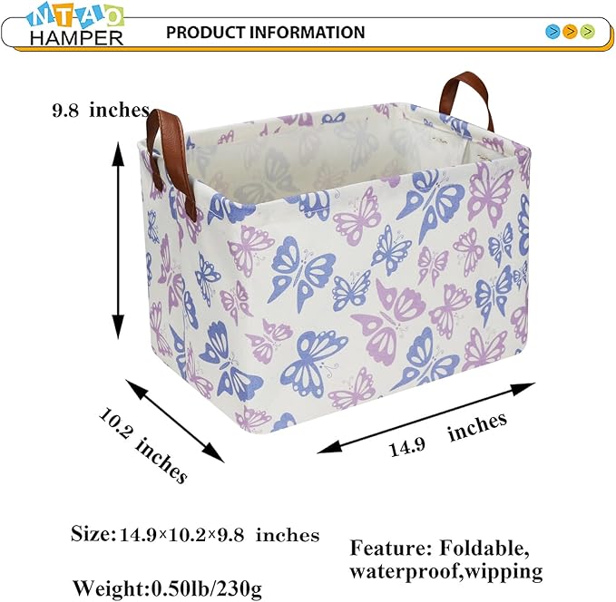 NTAOHAMPER Rectangular Blue Butterfly Basket,Gift Basket for Boys and Girls,Toy Bin,Books Box,Room Decor (Butterfly)