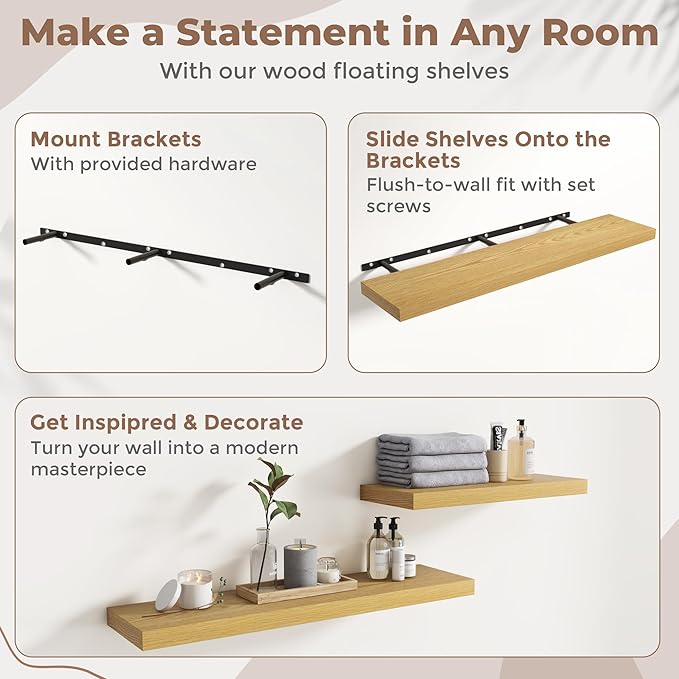 72 Inch Floating Shelves for Wall with Invisible Brackets Set of 2, 12"D Engineered Wood Wall Shelves with Wood Grain for Living Room, Bedroom, Bathroom, Kitchen Decor and Storage, Oak Finish