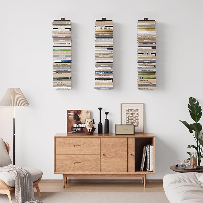 Wawocs Invisible Bookshelf for Wall, 8 Tier Floating Bookshelf Made of Heavy Duty Metal, Vertical Spine Book Tower Hanging Wall Bookshelf, Floating Book Shelves for Wall, 4 Pack Black