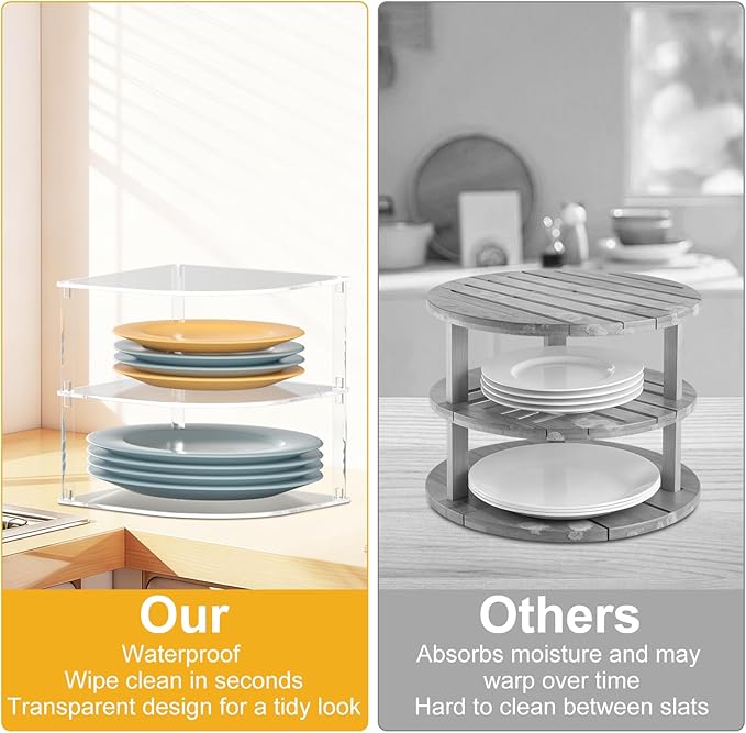 Acrylic Plate Organizer for Cabinet Kitchen Countertop Corner Clear Cabinet Organizer for Paper Plate and Bowl Dishes Pantry Storage Corner Rack Plate Holder for Cabinet Shelf Space Saver