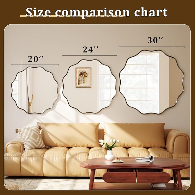 24 Inch Scalloped Round Wall Mirror, Black Wavy Edge Frame Circle Mirror for Bathroom, Bedroom, Entryway, Living Room for Wall Decor