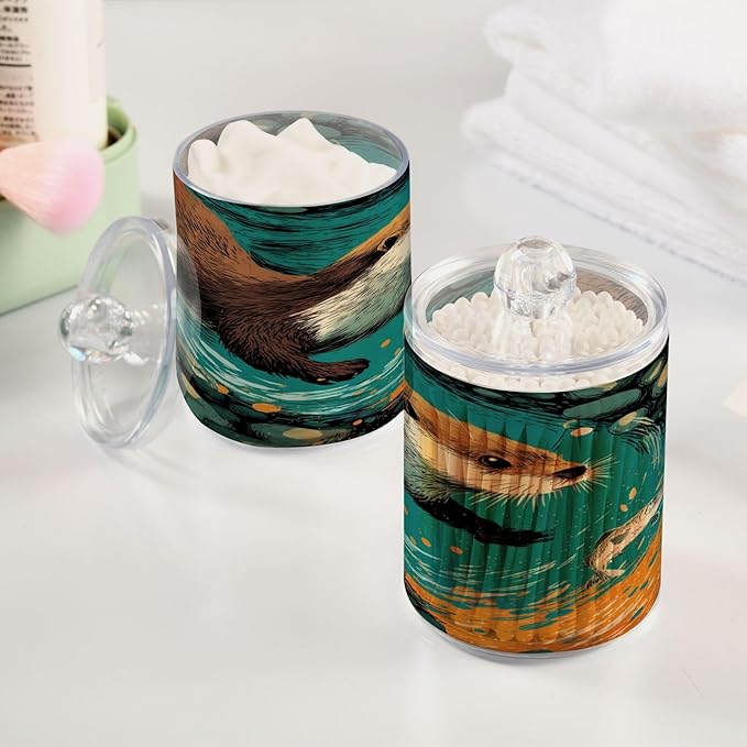 2 Pack Apothecary Jars,Otter in Glowing Currents Bathroom Vanity Storage Organizer Set,Small Clear Plastic Storage Jars Bathroom Canister for Cotton Swabs,Rounds,Balls,Qtips,Makeup Sponges