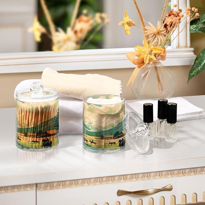 Nander 2Pack Western Style Cowboy Horseback Riding Qtip Holder Dispenser -Clear Plastic Apothecary Jars Set - Restroom Bathroom Makeup Organizers Containers for Cotton Swab, Ball, Pads, Floss