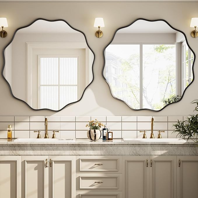 Round Wavy Mirror 42 Inch Bathroom Vanity Mirror Metal Frame Circle Wall Mounted Mirror for Bedroom Living Room Entryway Black