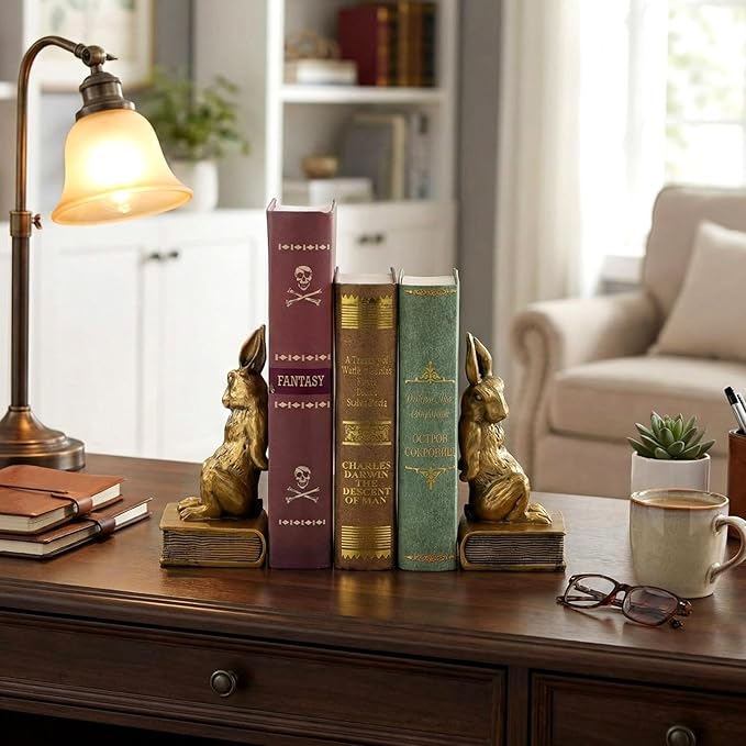 Kathfly Easter Bunny Bookends, Decorative Gold Rabbit Bookends for Shelves Vintage Resin Rabbit Book Ends, Cute Animal Bookend Supports for Home Office, Housewarming Gift, Set of 2
