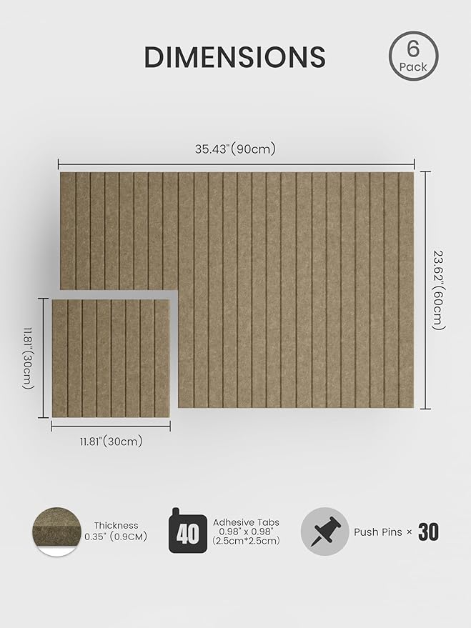 Bumusty Large Cork Board Alternative-36 x 24" Felt Bulletin Board Tiles, with 30 Pushpins, 40 Adhesive Tabs, Fine-Stripe 6-Pack, Cork Boards for Office Push Pin Board Felt Board-Earth Brown