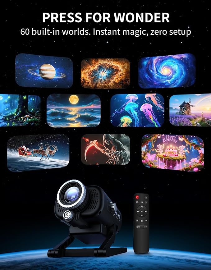 60-in-1 Galaxy Projector, HD Home Planetarium Projector with Built-in Non-Fading Scenes, 3D Star Light Projector for Bedroom, Twinkling Star & Meteor, Bluetooth Speaker & White Noise, Birthday Gifts
