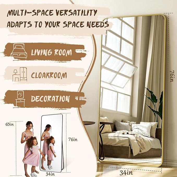 XRAMFY 76"x34" Floor Full Length Mirror Standing Full Body Rounded Corner Rectangle Mirrors with Stand Hanging Wall Mounted Leaning Bedroom Living Room Bedroom Cloakroom,Gold