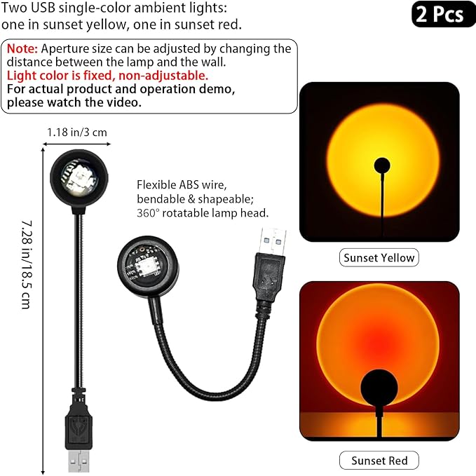 2Pcs LED Sunset Ambient Lamp Mood Light, Flexible and 360° Rotatable USB Warm Night Light,Projector Birthday Party Decoration Portable Mood Light for Bedroom Living, (Sunset Yellow & Red) ﻿