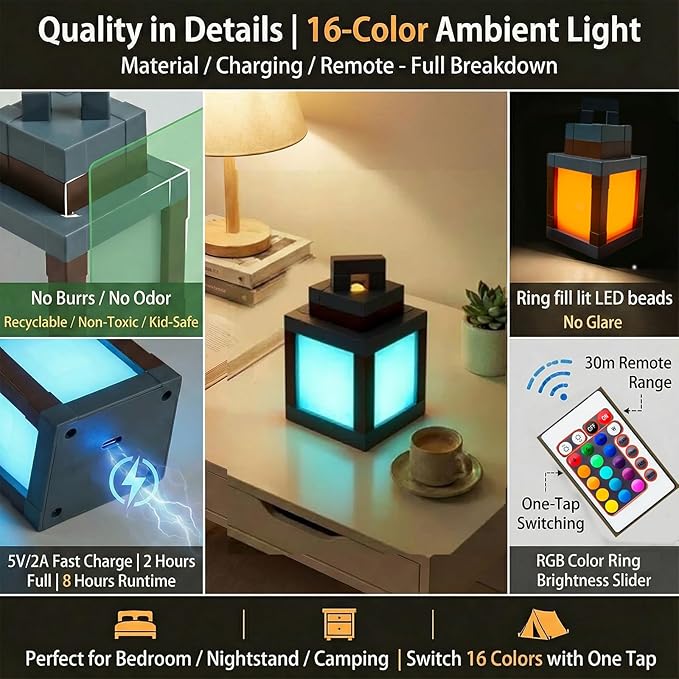 Pixelated Lantern Night Light – 16-Color LED Lamp with Remote Control, Rechargeable Wall or Table Light for Gaming Rooms or Kids’ Bedrooms, Fun Gift for Gamers, Decor for Boys Bedroom 12-15