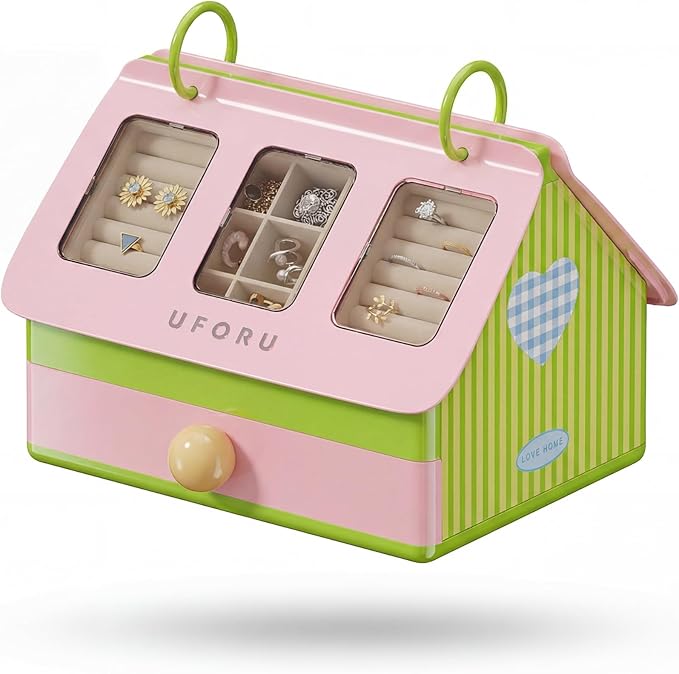 Cute Jewelry Box Organizer for Women Girls, Large House-Shaped Display Case with Clear Lid, 3-Layer Velvet Storage for Earrings Rings Necklaces, Aesthetic Room Decor Gift (Strawberry Milk)
