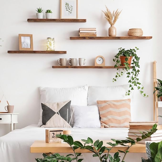 Pinkunn 4 Pcs Floating Shelves for Wall Wooden Live Edge Shelf Wall-Mounted Natural Solid Wood Bedroom Kitchen Storage Living Room Nursery Decor (23.62/35.43 Inch)