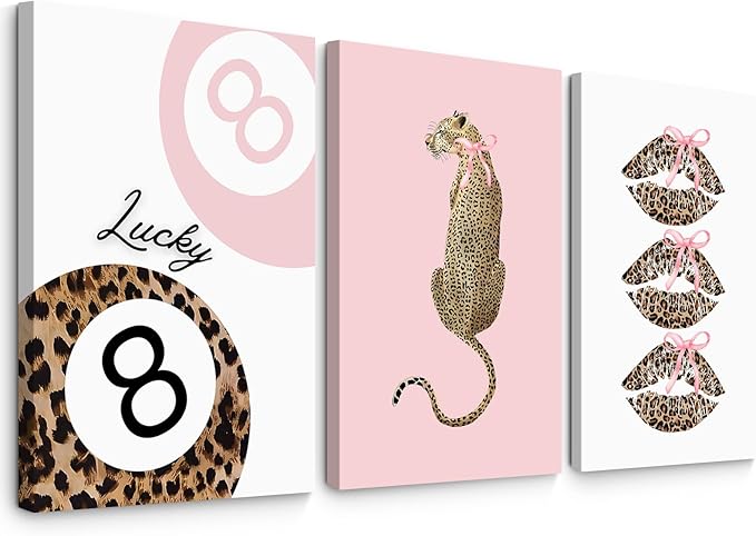 Pink Leopard Wall Art Decor Cheetah Trendy Poster Preppy Aesthetic Canvas Room Decor Pictures Coquette Y2k Wall Art 8 Ball Prints Pink Fashion Bow Artwork for Girls Bedroom 12x16x3 Inch Wrapped Canvas