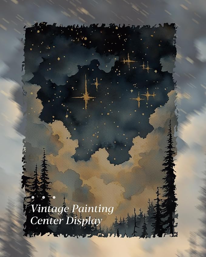 HUARCEY Gold Framed Canvas Wall Art, Celestial Stars Night Picture Decor, Living Room Bedroom Dark Landscape Nature Art, Sky Forest Vintage Canvas Paintings, 12x16inch