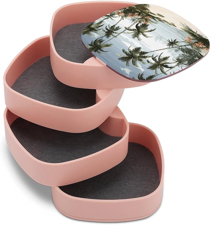 Tropical Palm Trees Jewelry Box 360°Rotating Storage Boxes Small Travel Earring Organizer with 4-Layers Rotatable Jewelry Storage Organizer for Ring Necklaces Makeup