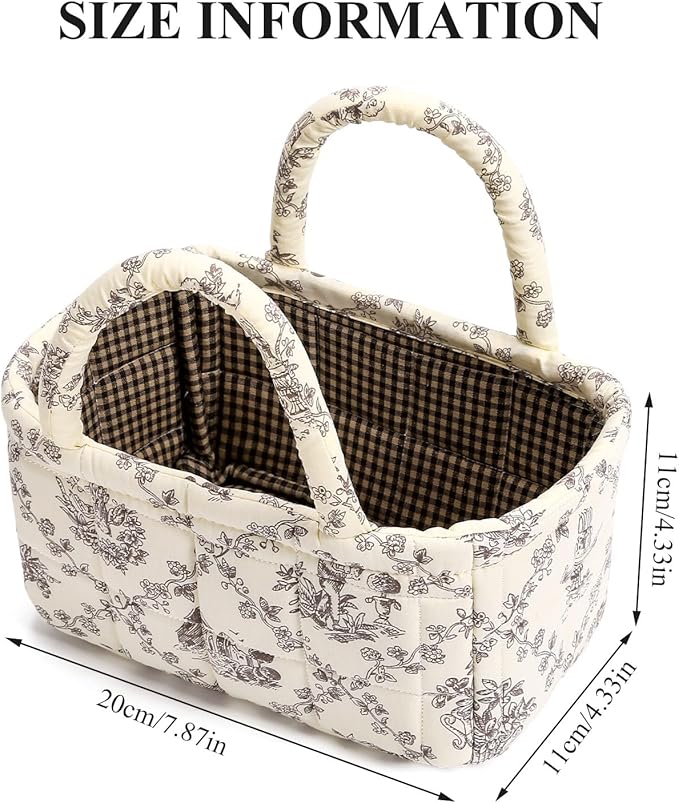 Small Storage Basket Organizer, Mini Fabric Floral Storage Baskets with Handle, Quilted Portable Collapsible Storage (Vine-Coffee)