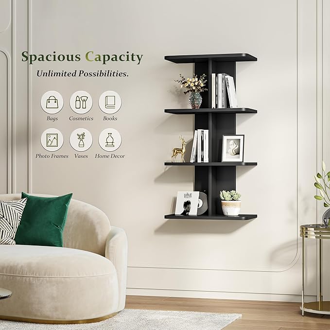 REIBII 4 Tier Wall Shelves, Vertical Column Black Floating Shelves for Wall Decor, Floating Shelf for Vanity, Bedroom, Living Room, Office