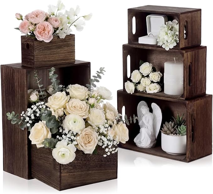AceOrbit Set of 6 Wood Crates with Handles, Rustic Decorative Storage Boxes Distressed Wooden Nesting Display Baskets for Farmhouse, Wedding, Party Storage Display Supplies (Dark Brown)
